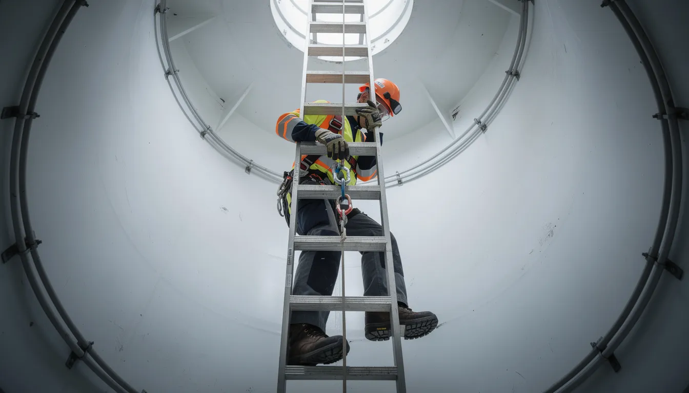 A wind turbine technician, dressed in safety gear, is seen climbing a ladder on a towering industrial wind turbine. This image highlights the renewable energy sector, where professionals work to maintain wind turbines, which are known to produce turbine noise that some residents claim leads to health complaints and sleep disturbances.