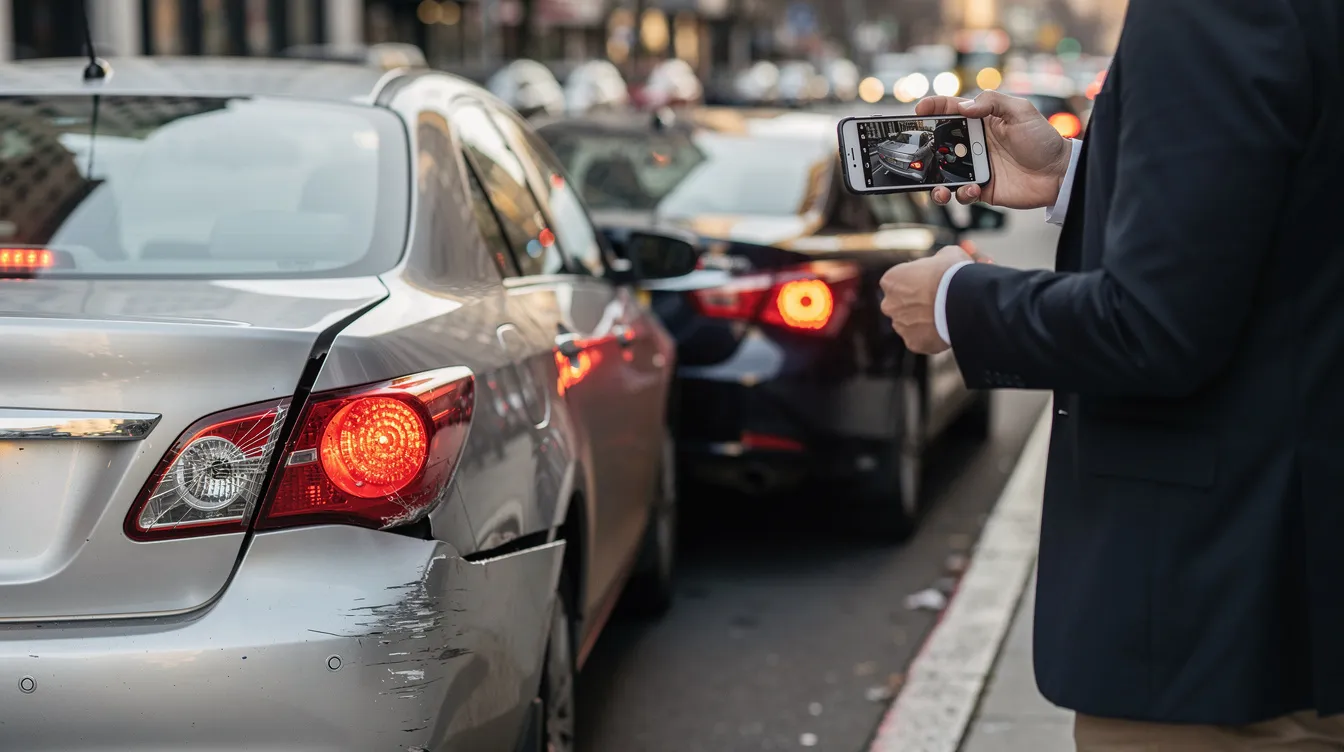 A person is seen photographing the damage to a vehicle at the scene of a car accident on a city street, highlighting the property damage and potential injuries involved. This image emphasizes the importance of documenting incidents for legal claims, especially in cases involving serious injuries and insurance companies.