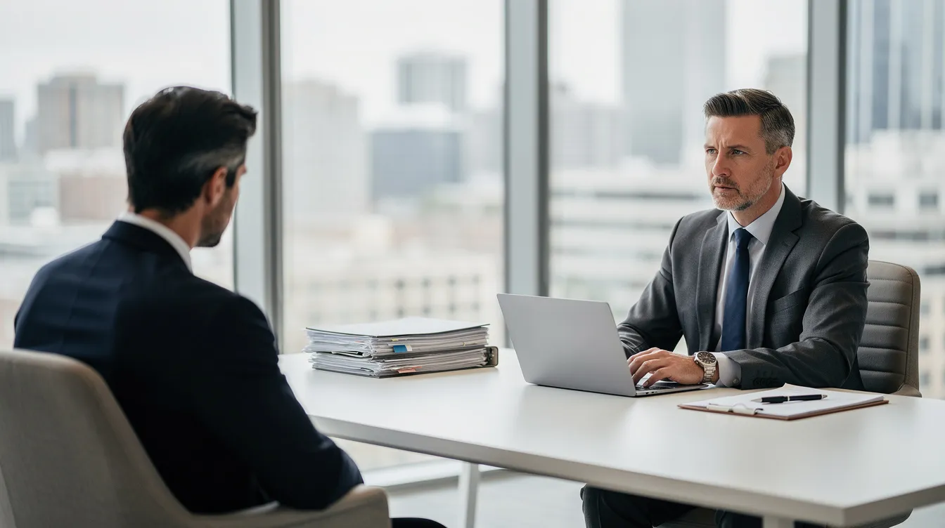 An experienced personal injury attorney is seated across from a client in a modern office, discussing the details of a personal injury claim. They review relevant documents and medical records, aiming to secure financial compensation for the client’s injuries sustained in an accident.