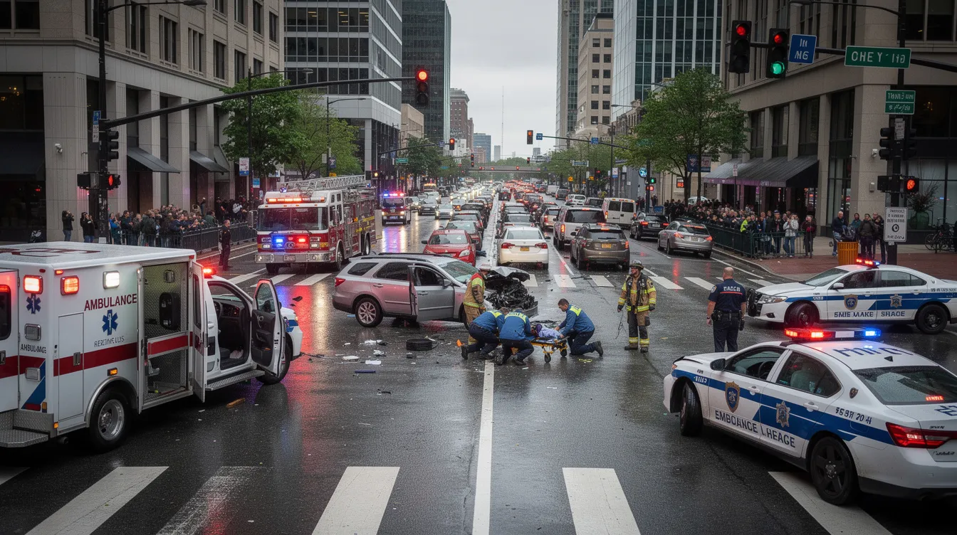 The image depicts a busy city intersection where emergency vehicles are responding to a traffic collision, highlighting the urgency of the situation. This scene emphasizes the potential for serious injuries and the importance of seeking legal representation from an experienced personal injury attorney for those involved in such accidents.