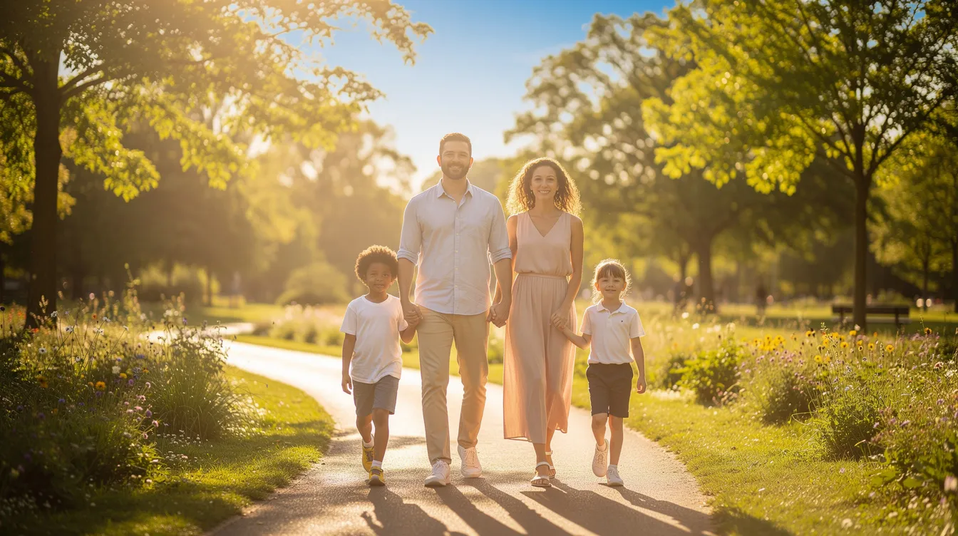The image depicts a family walking together on a sunny path, symbolizing recovery and hope after experiencing a car accident. Their smiles and unity reflect the strength and support needed for car accident victims as they navigate the journey toward healing and fair compensation.