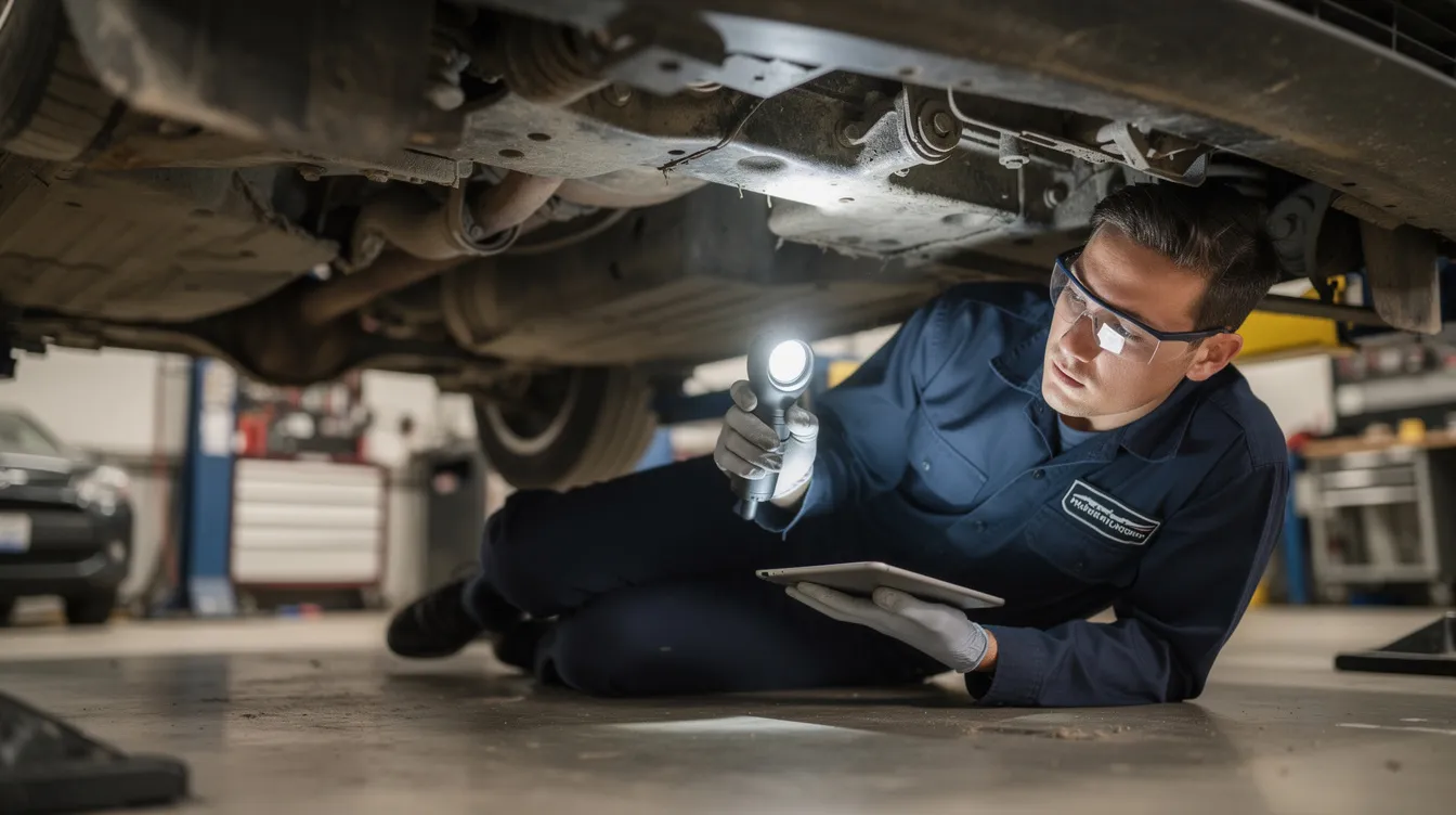 A professional is closely inspecting the undercarriage of a vehicle to assess damage after a car accident, highlighting the importance of thorough evaluations in personal injury cases. This inspection is crucial for car accident claims, as it helps determine the extent of property damage and potential injuries for victims seeking legal representation.