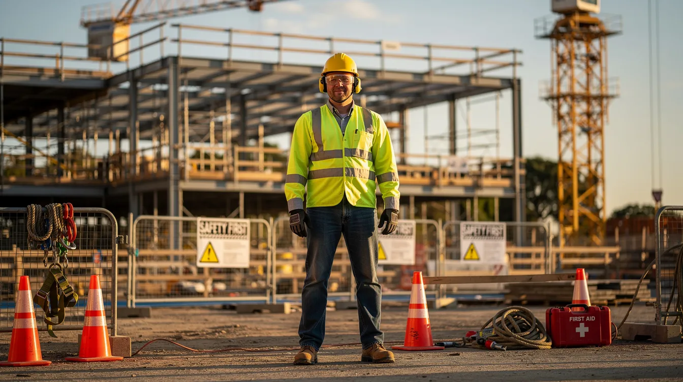 Hemorrhage Brain Symptoms: Recognizing a Brain Bleed and What to Do Next 2 An industrial worker wearing a hard hat stands on a construction site, with various safety equipment visible around him, emphasizing the importance of protecting against potential head injuries that could lead to severe symptoms like brain hemorrhage. The scene highlights the critical need for safety measures in environments where risks such as head trauma can occur.