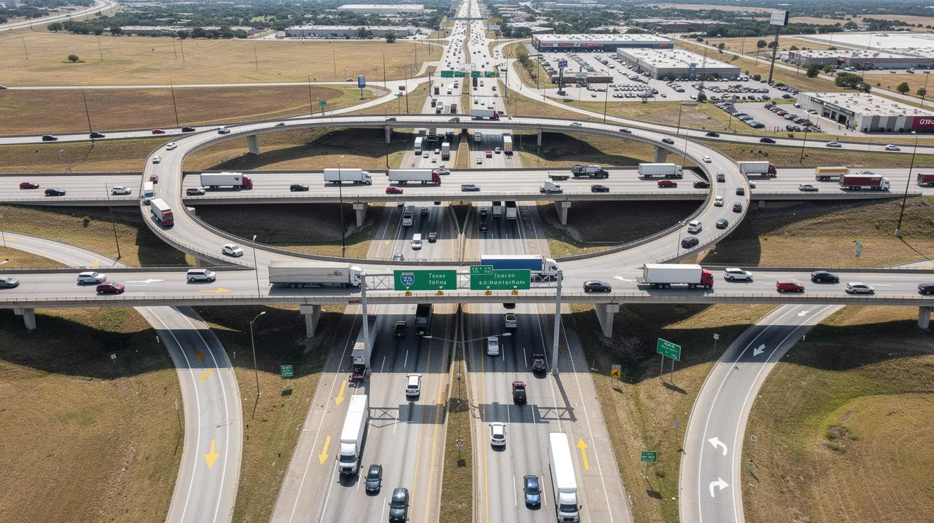 An aerial view captures a bustling Texas highway interchange filled with numerous cars and trucks under clear blue skies, illustrating the dynamic flow of traffic. This scene highlights the importance of safe driving to prevent car accidents that can lead to serious injuries, including traumatic brain injuries and post concussion syndrome.