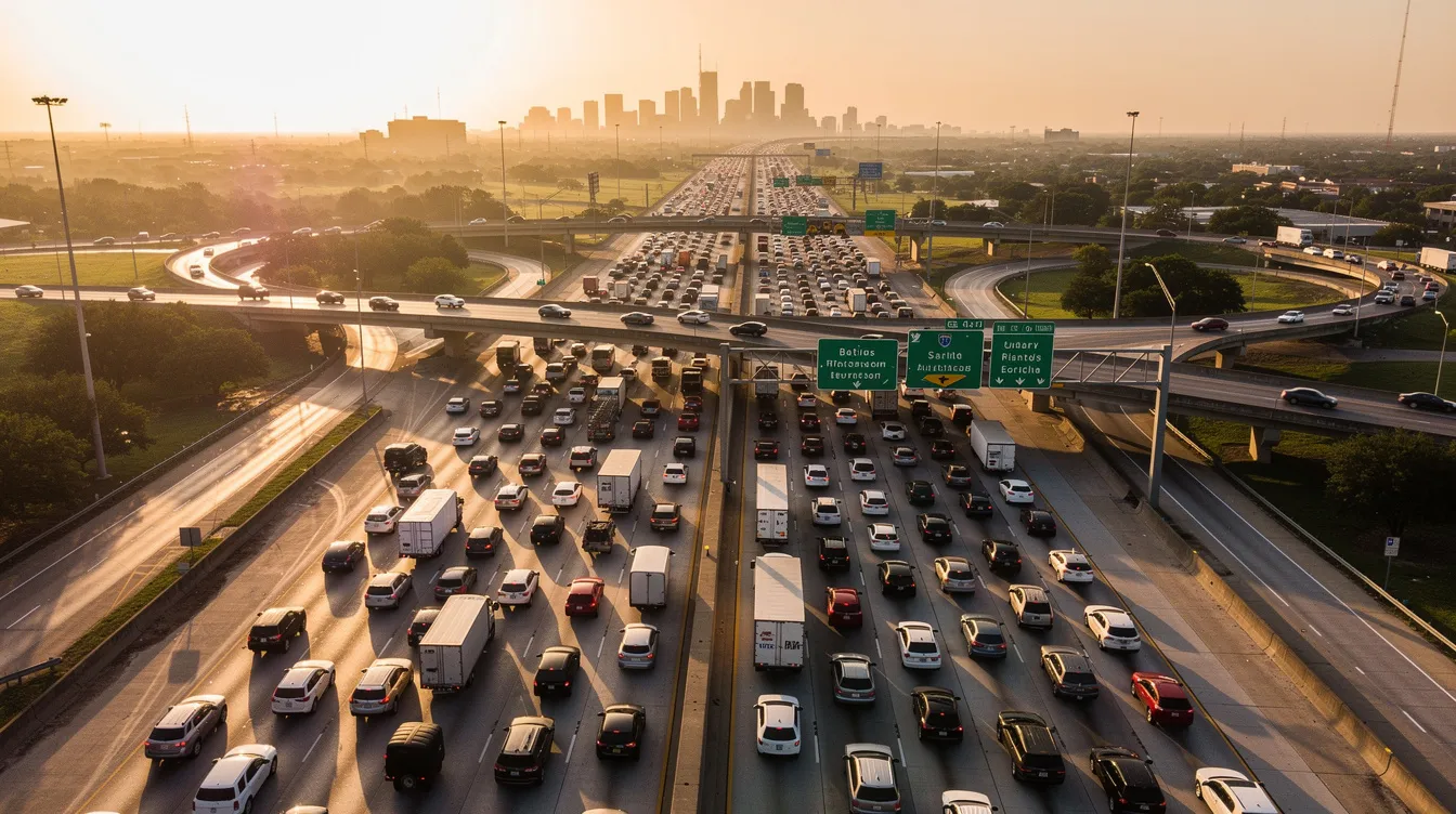 The image depicts heavy traffic on a Houston freeway during rush hour, with multiple lanes filled with cars, highlighting the potential for car accidents in busy urban settings. This scene emphasizes the importance of having experienced car accident attorneys to assist victims in navigating legal claims and securing fair compensation for medical expenses and lost wages.