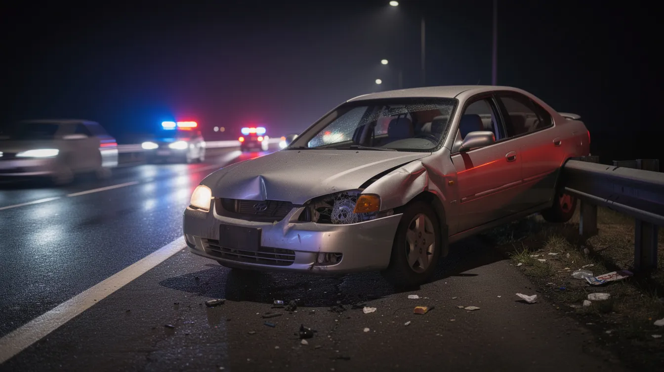 Lawyers for Automobile Accidents: How the Right Attorney Can Transform Your Car Accident Claim 1 The image shows a damaged sedan parked on the shoulder of a highway, with emergency lights flashing in the background, indicating a recent car accident. This scene highlights the importance of seeking legal assistance from an experienced car accident attorney to navigate the complexities of insurance claims and pursue fair compensation for any injuries or damages incurred.