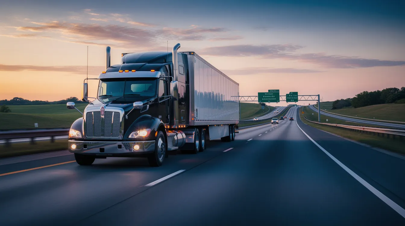 Hit By a Semi Truck: What To Do Next, Who May Be Liable, and How to Protect Your Claim 1 A semi truck is driving on a wide American interstate highway during dusk, with the sky painted in shades of orange and purple. This scene captures the trucking industry in motion, highlighting the importance of safety regulations for truck drivers and the potential risks of truck accidents on busy highways.