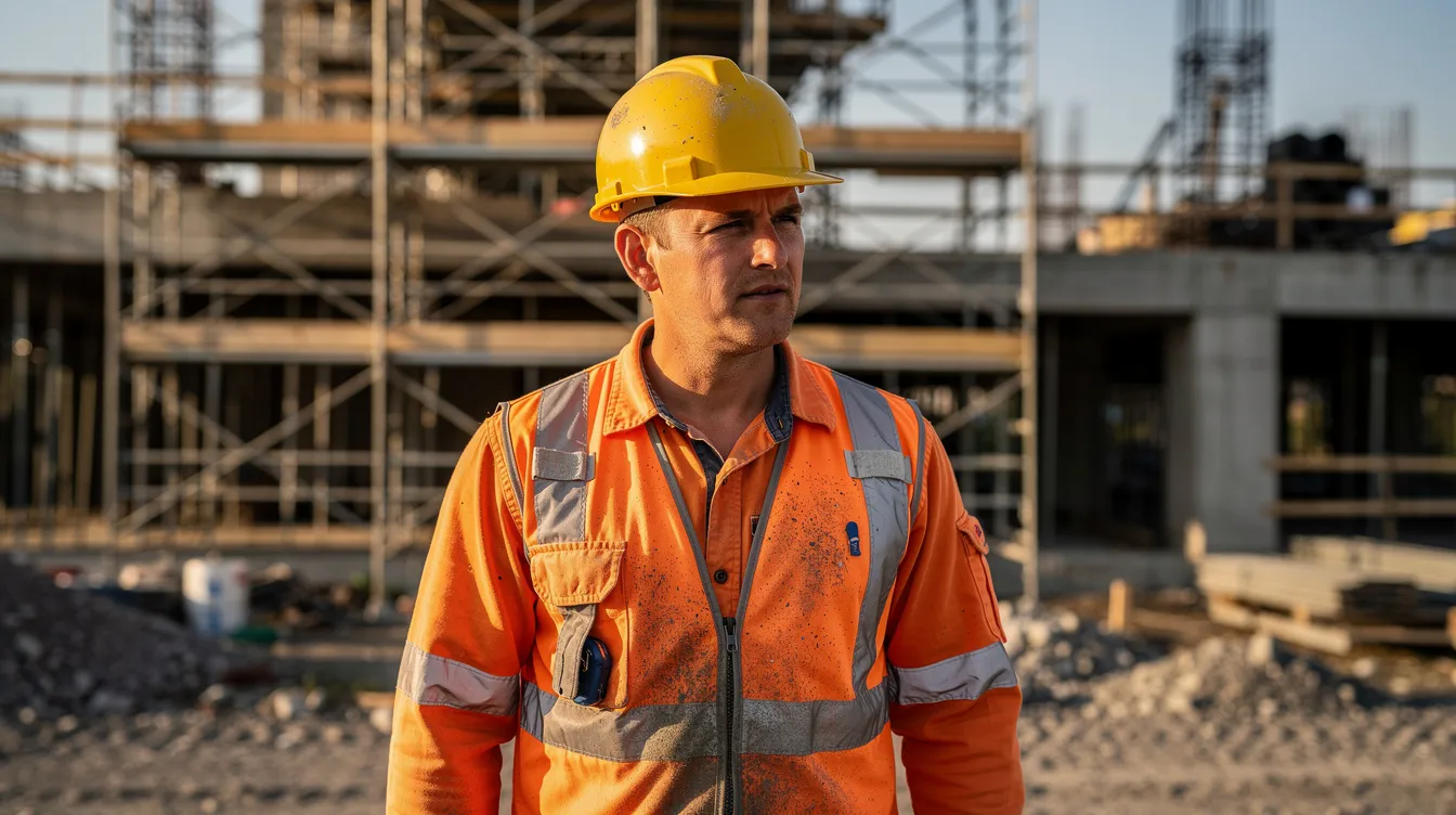 A construction worker, dressed in a hard hat and safety vest, stands on a job site with scaffolding in the background, emphasizing the importance of safety in preventing work-related injuries. This scene highlights the need for workers compensation insurance to protect employees in case of accidents or injuries on the job.