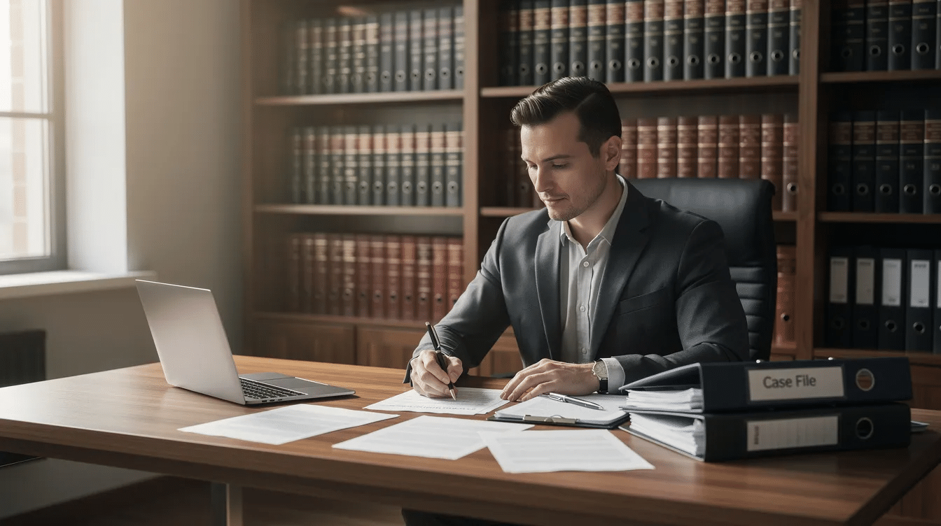 A legal professional is seated at a desk in an office, intently reviewing documents alongside a laptop and case files. The setting suggests a focus on legal matters, possibly related to a truck crash or traffic incident involving vehicles and drivers.