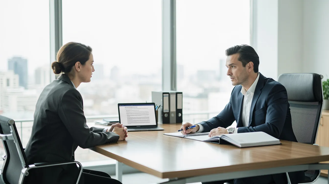 A professional attorney is meeting with a client across a modern desk in a well-lit office, discussing the details of a workers compensation claim related to a workplace injury. The scene conveys a sense of trust and professionalism, highlighting the attorney's role in helping injured workers pursue maximum compensation for their medical expenses and lost wages.