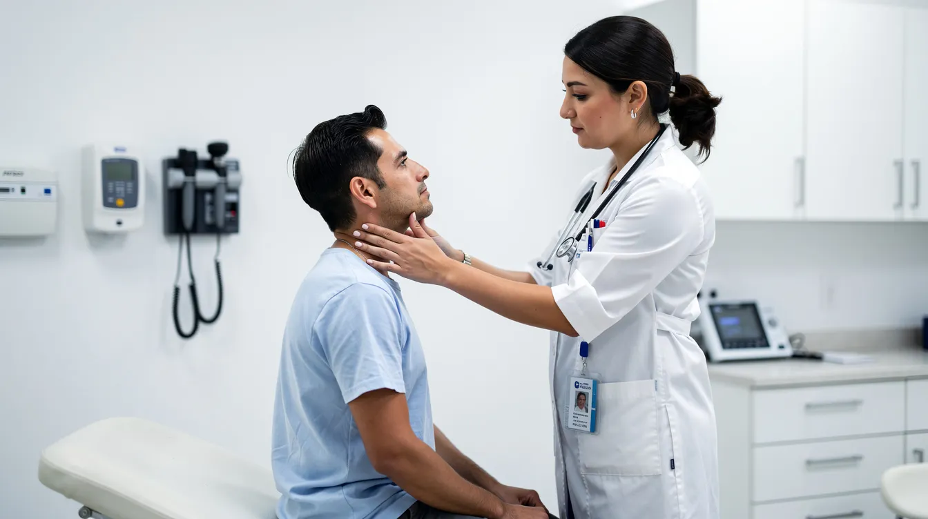 A medical professional is carefully examining a patient's neck in a hospital examination room, ensuring proper assessment of any potential injuries. This scene highlights the importance of seeking medical attention after car accidents, where victims may face serious injuries and significant medical expenses.