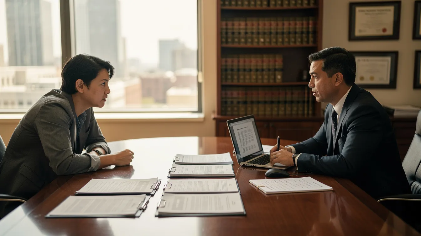 Best Lawyers for Personal Injury: How to Choose the Right Attorney for Your Case 1 A person is seated across from a personal injury lawyer at a conference table, surrounded by documents and a laptop, discussing important aspects of a personal injury case. This scene highlights the legal representation provided by skilled personal injury attorneys during the litigation process.