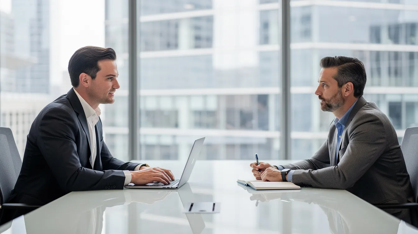 The image depicts two individuals engaged in a professional consultation at a conference table, discussing employment law matters. They appear to be exploring legal options related to workplace disputes, such as wrongful termination and discrimination, while seeking guidance from an experienced employment attorney.