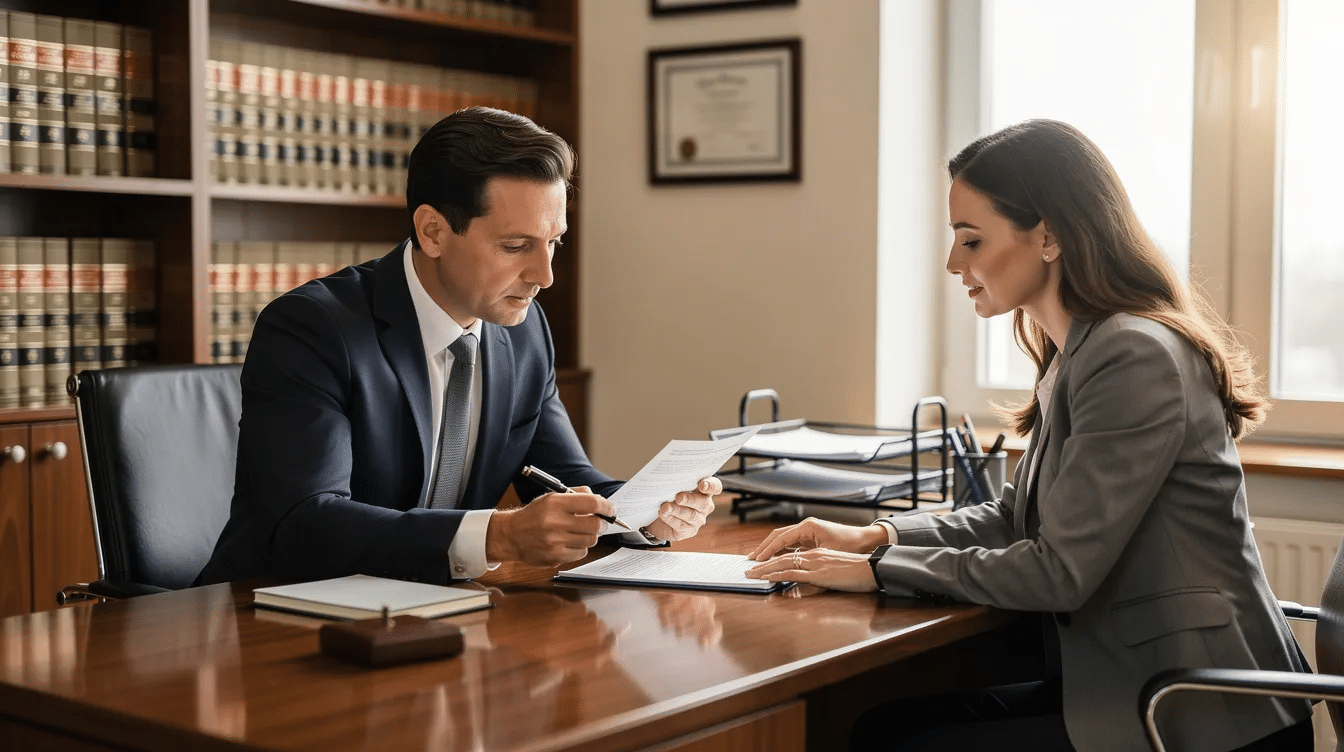 A personal injury attorney sits across a desk from an injured client, both reviewing important documents related to a personal injury claim in a professional office setting. The atmosphere suggests a collaborative effort to understand personal injury law and discuss potential compensation for medical expenses and lost wages.