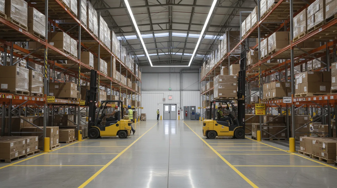 The image depicts the interior of an industrial warehouse, featuring tall shelving units, forklifts in operation, and various safety signage aimed at preventing workplace injuries. This setting highlights the importance of safety measures in environments where workers may be at risk of accidents or job-related injuries.