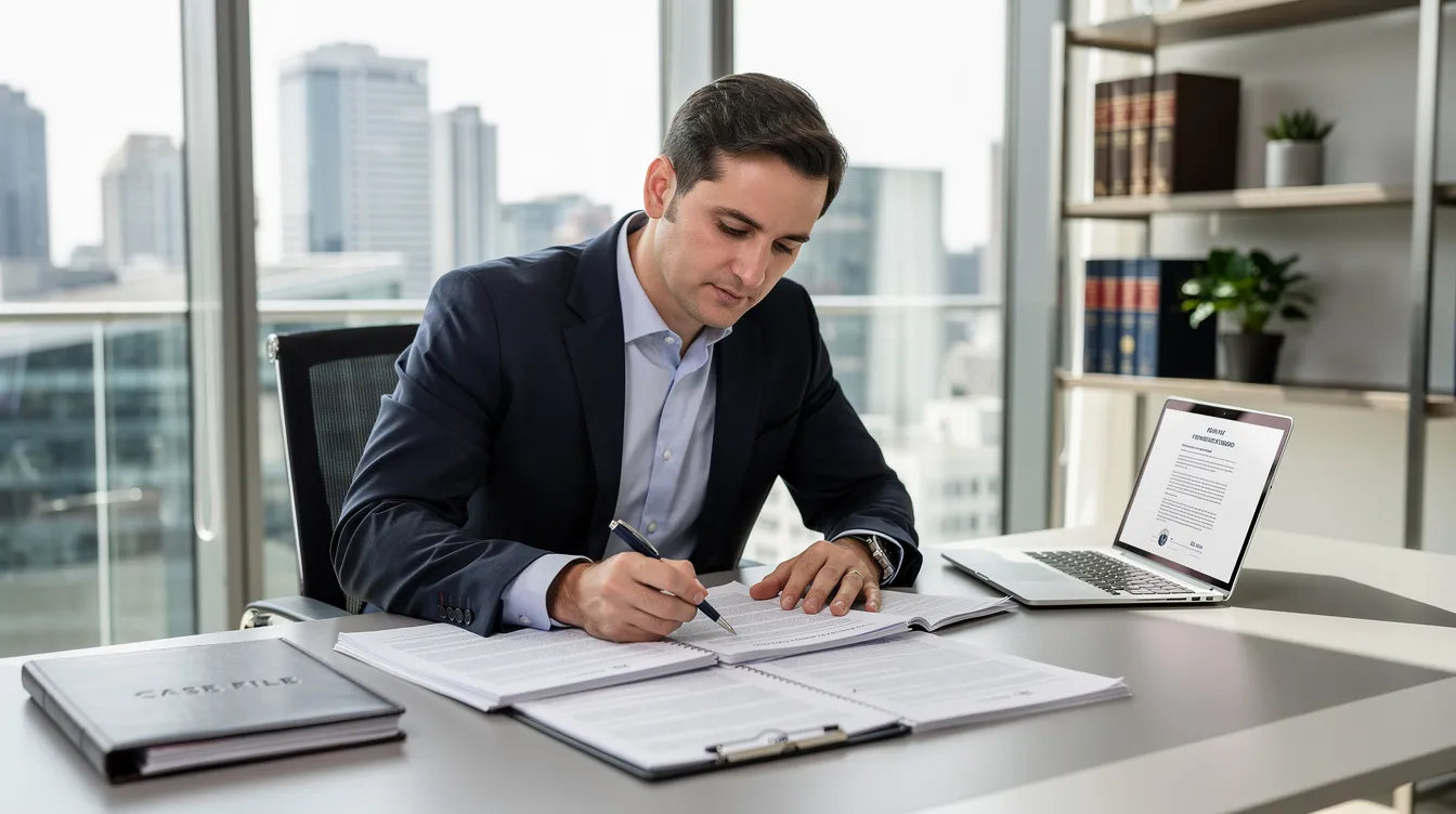 A professional attorney is intently reviewing case documents in a modern office setting, surrounded by shelves filled with legal books and a large desk. This image reflects the serious work involved in handling traumatic brain injury cases, emphasizing the importance of thorough preparation for brain injury claims.