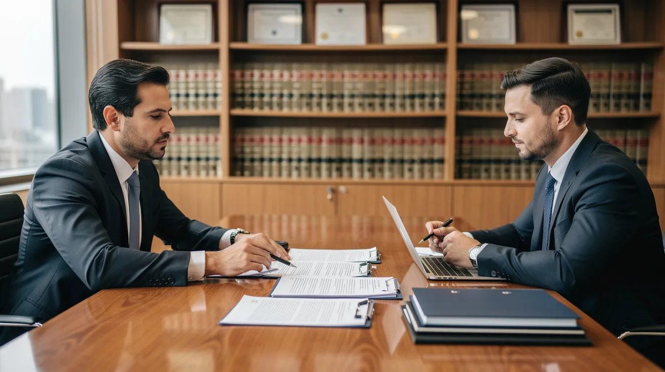 Trucking Accident Lawyers: How to Choose the Right Attorney After a Serious Truck Crash 4 A person is seated at a conference table in a professional office, discussing and reviewing documents with a lawyer. The scene suggests a focus on truck accident cases, as they may be addressing the legal process and seeking compensation for truck accident injuries.