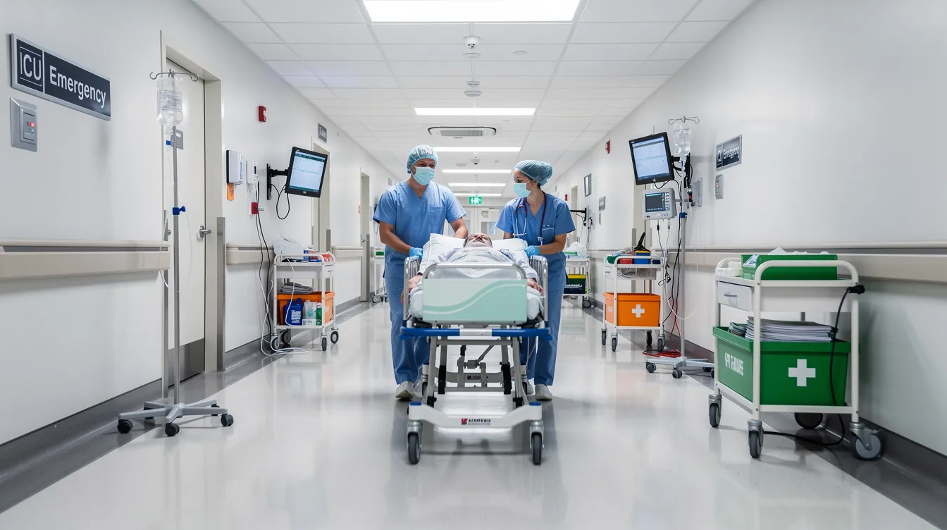 The image depicts a hospital corridor filled with medical equipment, where a patient is being transported on a stretcher by medical professionals. This scene highlights the urgency of medical care often required for individuals with severe traumatic brain injuries, emphasizing the importance of timely treatment in traumatic brain injury cases.