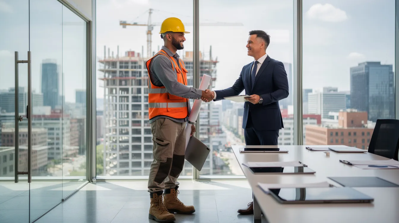 The image depicts a construction worker in a hard hat and safety vest shaking hands with a professional in an office setting, symbolizing the collaboration between injured workers and workers compensation lawyers to address workplace injuries and secure fair compensation for medical expenses and lost wages.