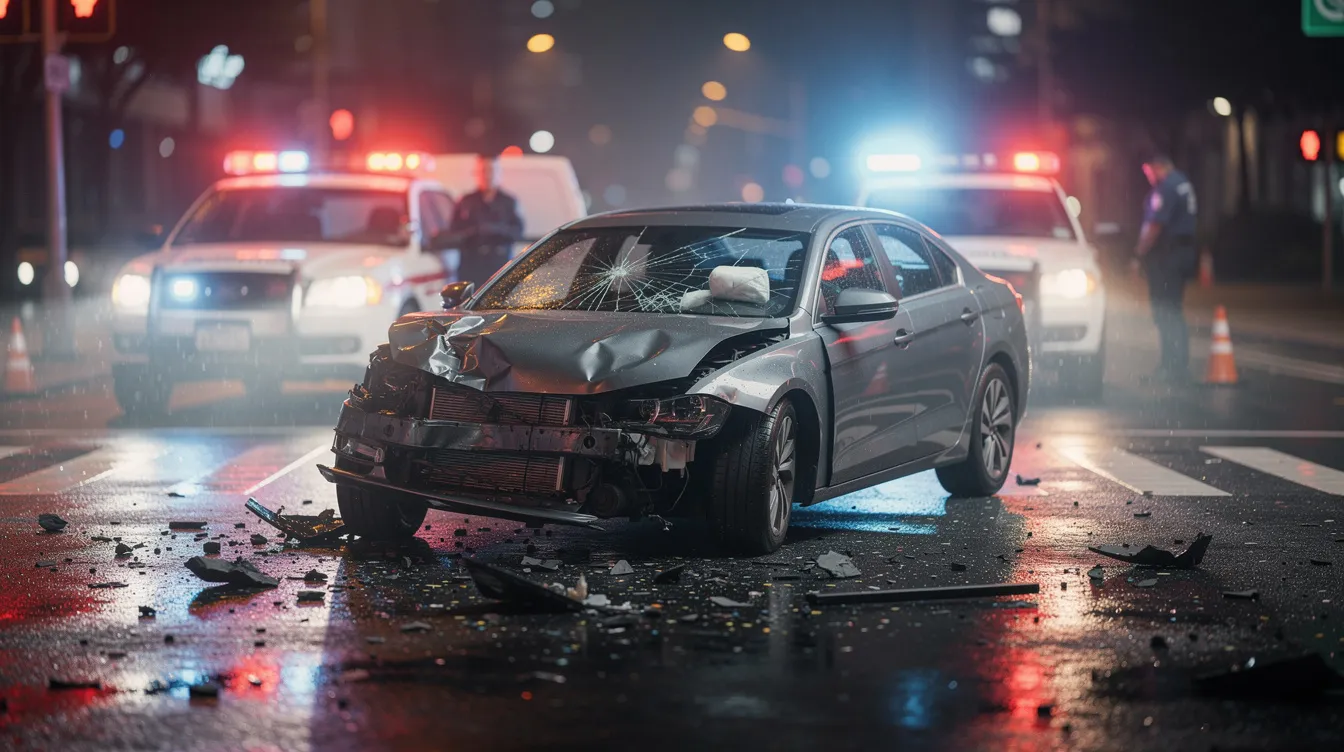 The image shows a damaged car at an intersection, with emergency lights flashing in the background, indicating a recent car accident. This scene highlights the aftermath of a collision, often leading to personal injury claims and the need for experienced car accident lawyers to help victims recover compensation for their medical bills and emotional trauma.