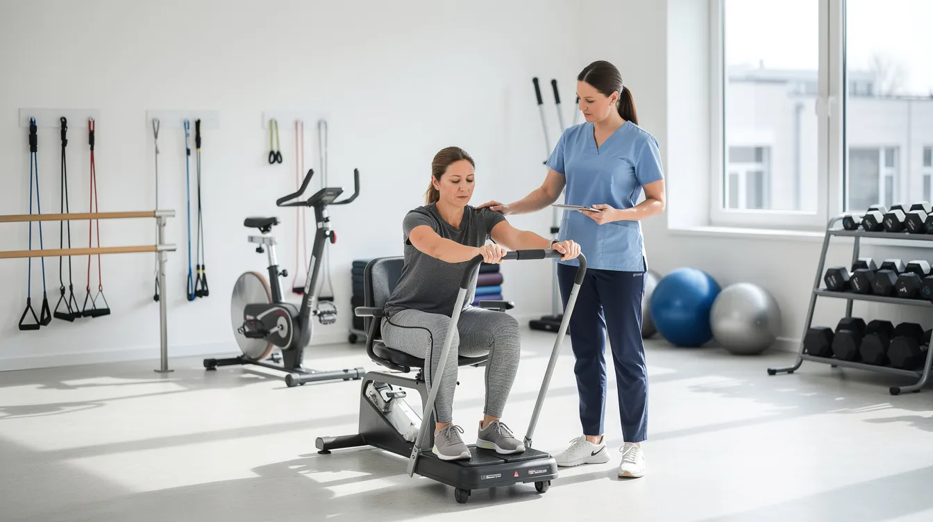 The image shows a patient engaged in rehabilitation exercises with a physical therapist in a gym equipped with various exercise equipment, highlighting the importance of recovery following a traumatic brain injury. The scene emphasizes supportive therapy aimed at improving motor function and overall brain health after a head injury.