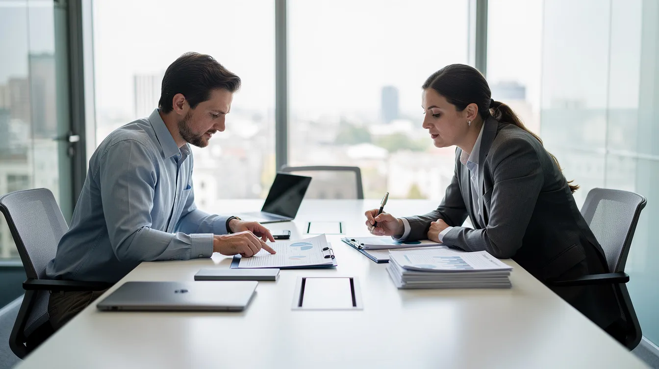 Personal Injury Firm: How the Right Legal Team Protects You After an Accident 3 Two people are seated at a table in an office, collaboratively reviewing paperwork related to a personal injury case. The atmosphere suggests a focus on the legal process, possibly discussing strategies for seeking compensation for injury victims.