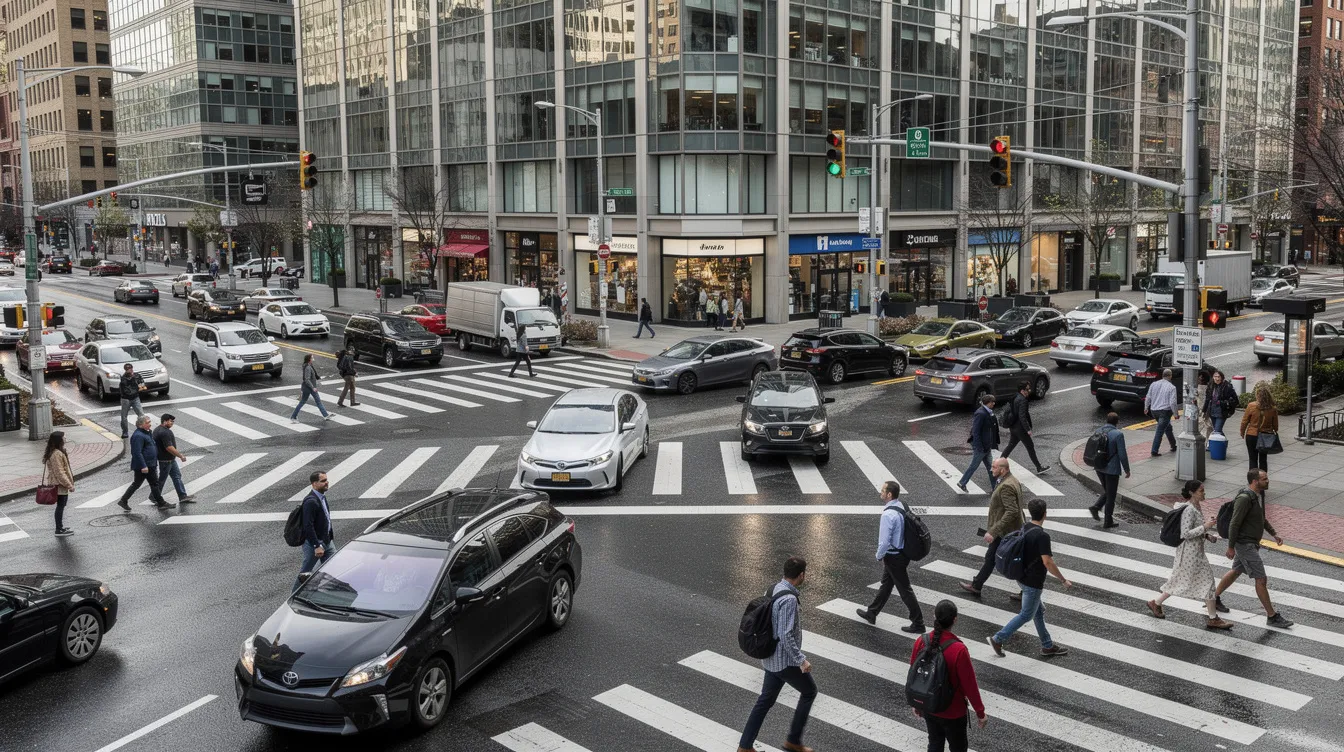 Personal Injury Attorneys & Lawyers: How They Help You Win Your Injury Claim 2 The image depicts a bustling urban intersection filled with various vehicles, including cars and trucks, as well as pedestrians crossing at a traffic light. This scene highlights the complexity of daily life in busy cities, where personal injury attorneys often assist accident victims in navigating legal options and seeking compensation for injuries sustained in motor vehicle accidents.