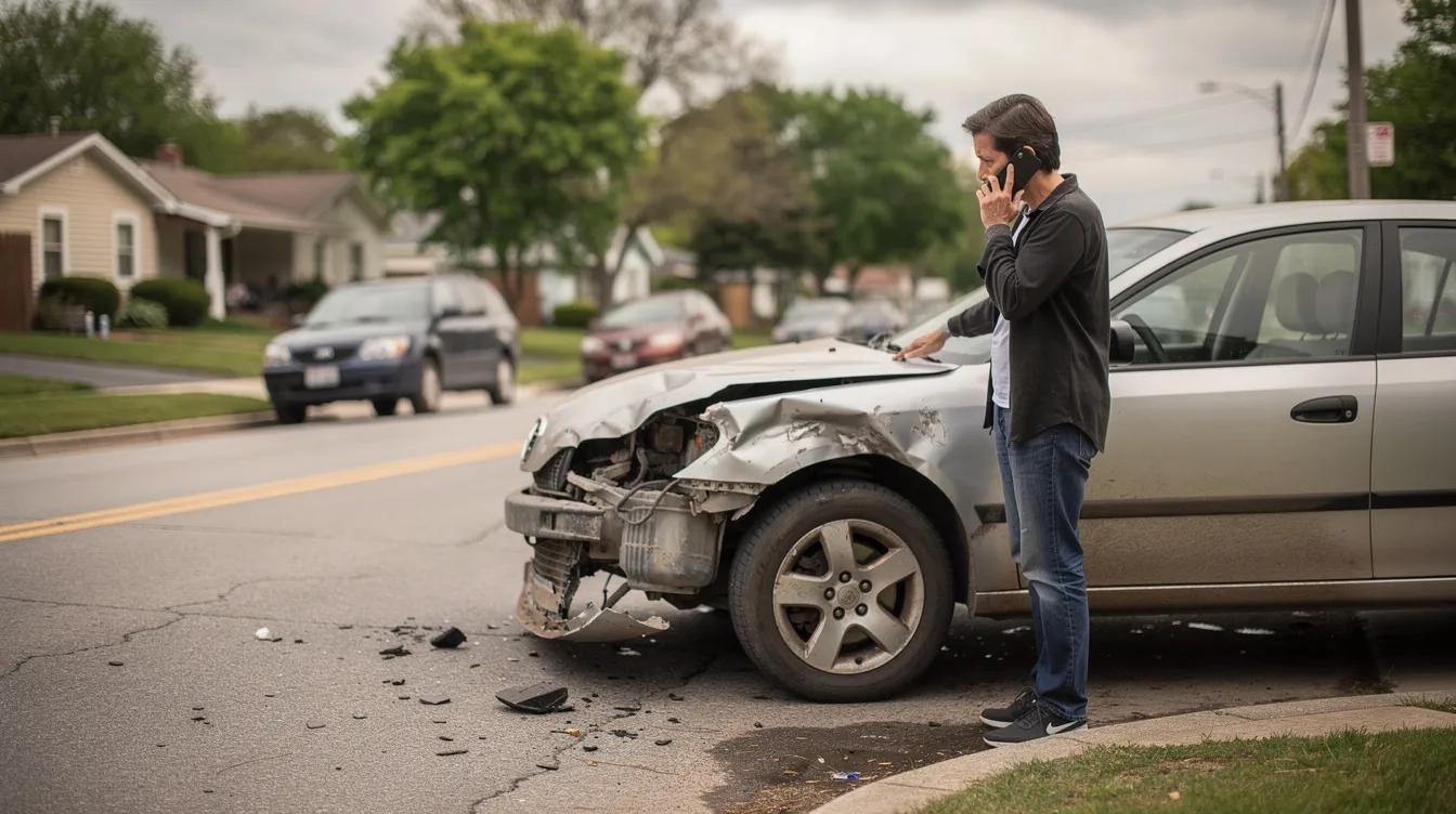 Injury Lawyer Close to Me: How to Find the Right Local Personal Injury Attorney 1 A person is making a phone call while standing next to a damaged vehicle on a residential street, possibly after a motor vehicle accident. This scene highlights the importance of contacting an experienced personal injury lawyer to discuss potential personal injury claims and seek fair compensation for any injuries sustained.