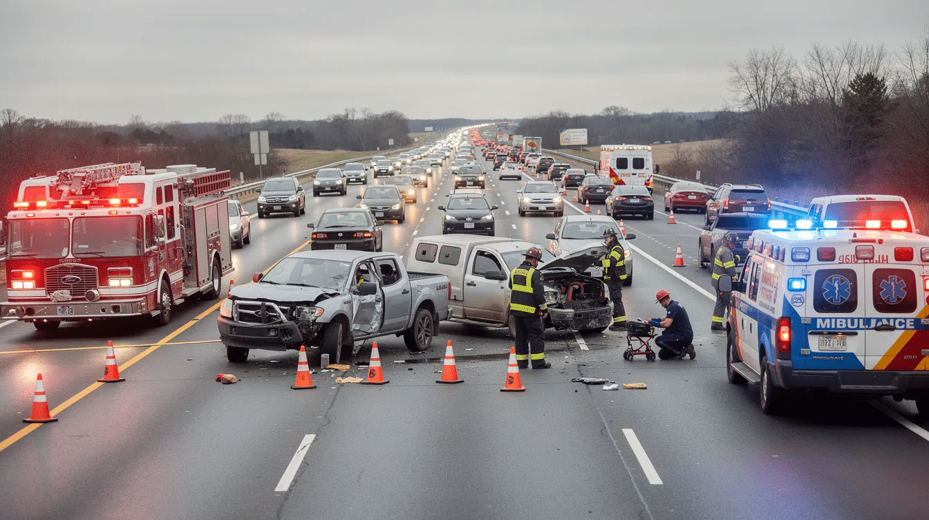 The image depicts a multi-vehicle accident scene on a highway, with emergency vehicles responding to the incident. This chaotic scene highlights the serious nature of motor vehicle accidents, where victims may seek legal representation from a personal injury attorney to recover compensation for injuries sustained and related medical expenses.