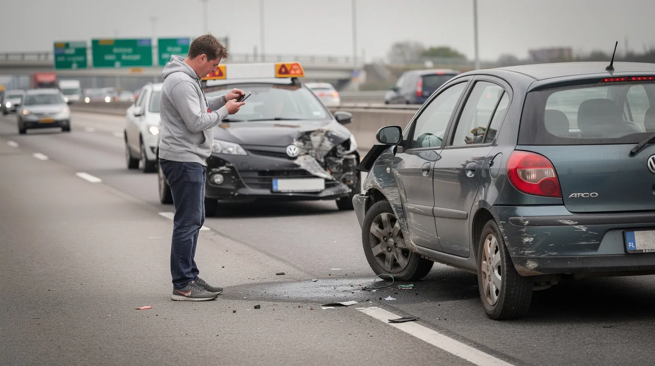 Trucking Accident Lawyer: How an Attorney Protects You After a Serious Truck Crash 3 The image shows a person taking photographs of vehicle damage at a truck accident scene on a highway, highlighting the importance of documenting evidence for personal injury claims. This visual representation emphasizes the critical role of accident lawyers in helping truck accident victims seek compensation for medical bills and property damage.