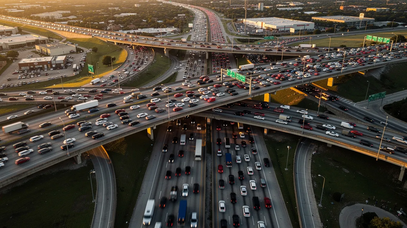 Injury Attorney Houston: How InjuredCase.com Helps You Connect With Top Houston Personal Injury Lawyers 1 An aerial view captures heavy traffic congestion on a Houston freeway interchange during rush hour, with numerous vehicles moving slowly in all directions. This scene highlights the common challenges faced by accident victims in Houston, where personal injury cases often arise from car accidents and motor vehicle incidents.