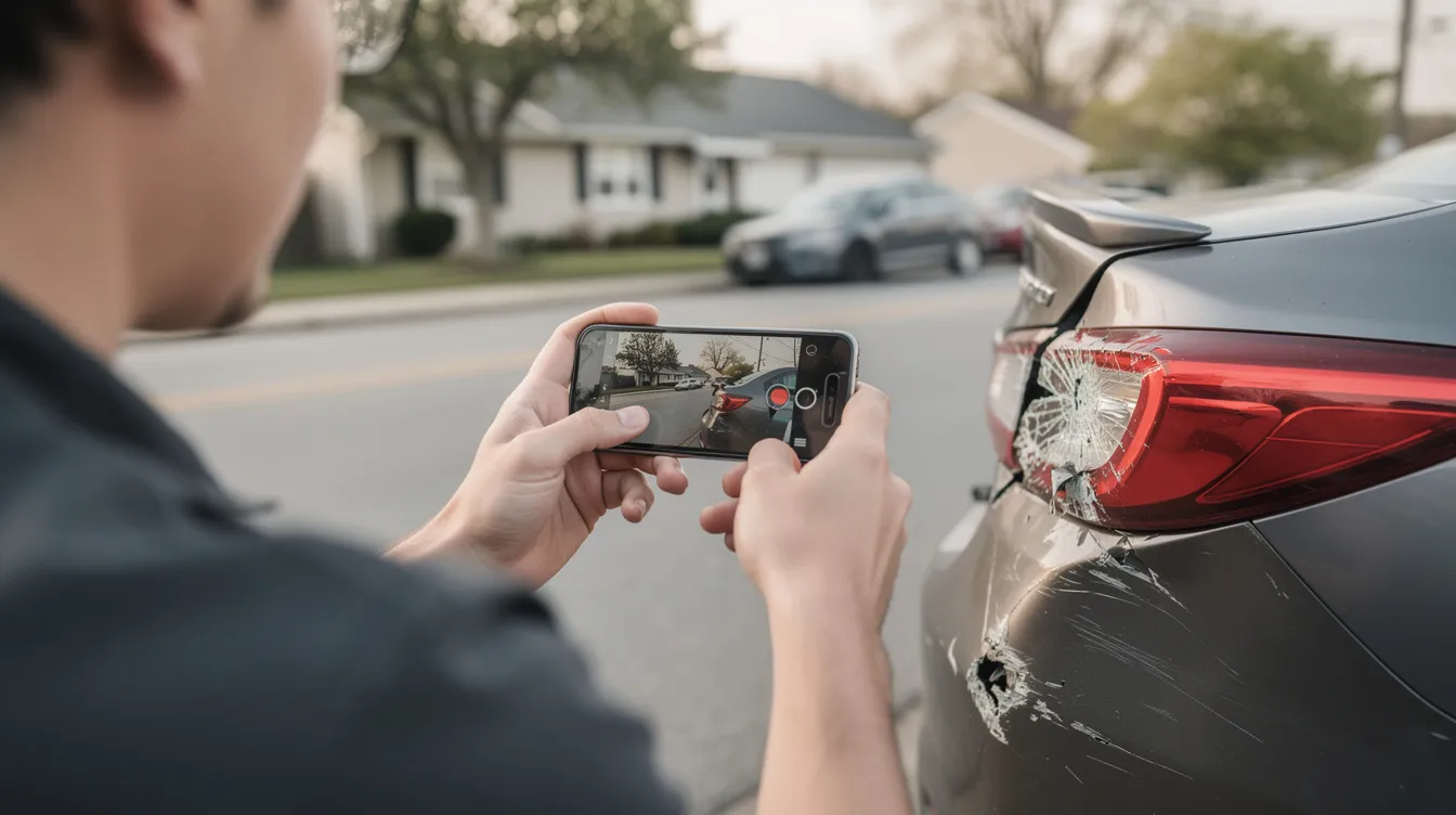 A person is taking a photo of vehicle damage with a smartphone on a suburban street, likely documenting the scene for an insurance claim related to a car accident. This image captures the aftermath of a collision, which may involve personal injury claims and the need for legal representation from experienced attorneys.