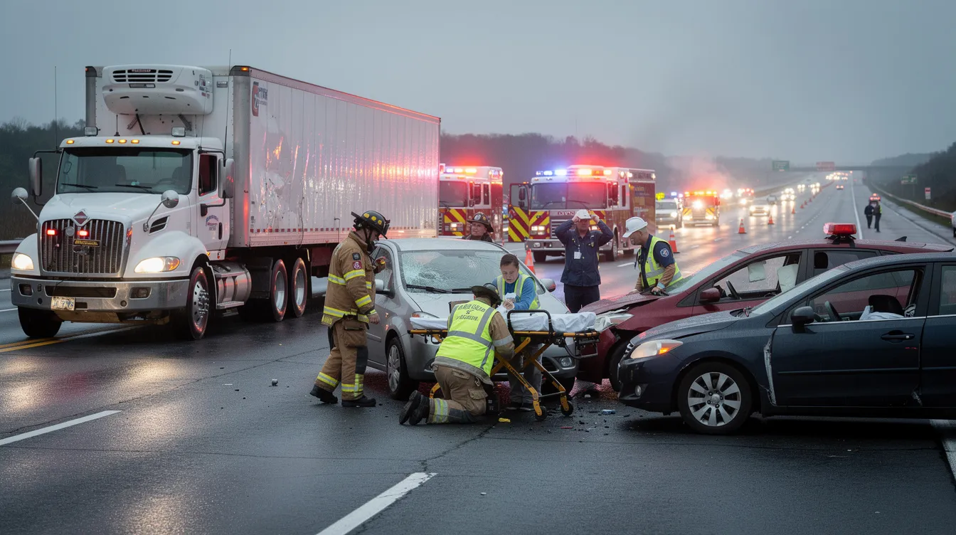 Trucking Accident Lawyers: How to Choose the Right Attorney After a Serious Truck Crash 3 Emergency responders are attending to a serious highway accident involving a large commercial truck and several smaller vehicles, with visible damage and debris scattered across the road. The scene highlights the urgent nature of truck accidents, emphasizing the need for experienced truck accident attorneys to assist victims in navigating the legal process and seeking fair compensation for their injuries.