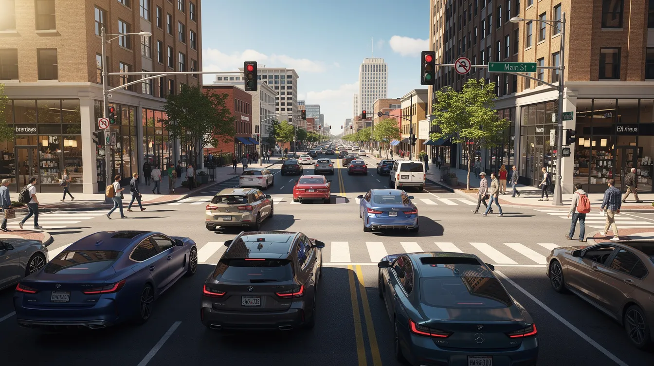Personal Injury Firm: How the Right Legal Team Protects You After an Accident 1 The image depicts a busy intersection bustling with cars and pedestrians under a bright sun. This scene highlights the importance of safety in urban environments, where personal injury claims can arise from car accidents or pedestrian incidents.