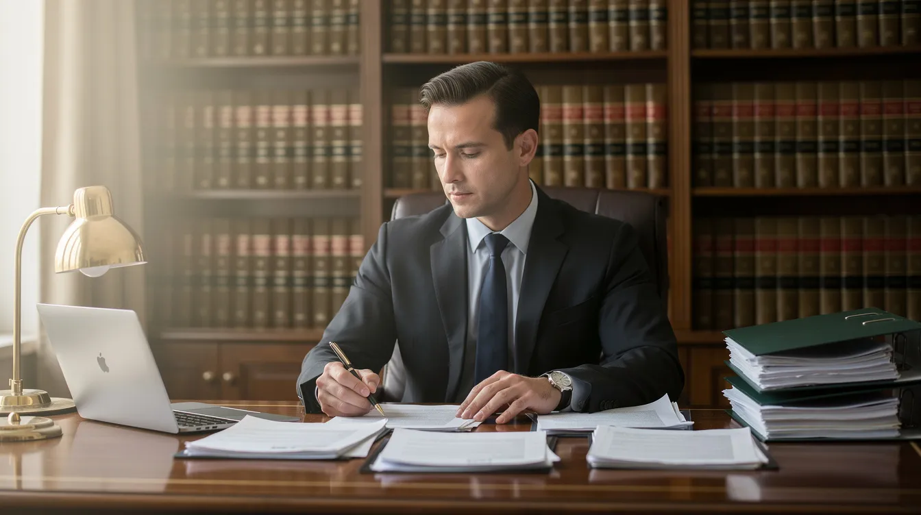 Personal Injury Firm: How the Right Legal Team Protects You After an Accident 2 A lawyer is seated at a desk, intently reviewing documents with a backdrop of legal books, symbolizing the thorough preparation involved in personal injury cases. This scene reflects the dedication of experienced personal injury attorneys as they navigate the legal process to seek justice for injury victims.