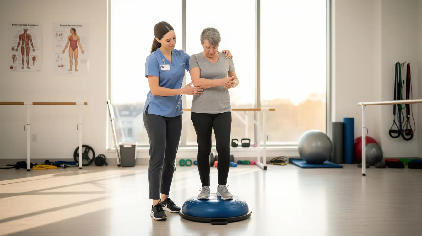 A physical therapist is assisting a patient with balance exercises in a bright rehabilitation gym, focusing on improving motor skills and addressing balance problems often seen in individuals recovering from traumatic brain injury. The supportive environment aims to enhance cognitive function and promote overall health for those affected by brain trauma.