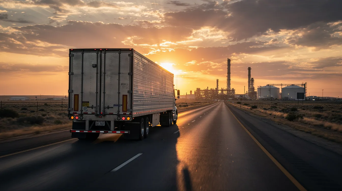 What to Do After a Car Accident in Houston: Step by Step Guide From Houston Personal Injury Lawyers 4 The image shows an 18-wheeler truck driving along a Texas highway at sunset, with industrial facilities in the background. The scene evokes a sense of the bustling transportation network in Houston, where accidents can occur, making it essential to understand Texas law regarding car accidents and the claims process for seeking compensation.