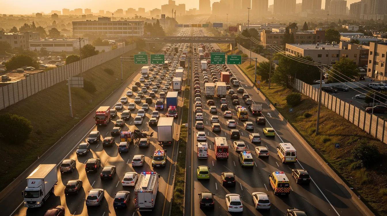 Injury Lawyer Close to Me: How to Find the Right Local Personal Injury Attorney 2 An aerial view captures a busy multi-lane highway filled with heavy traffic, including several emergency vehicles responding to a situation. This scene highlights the potential for serious injury cases stemming from motor vehicle accidents, emphasizing the importance of experienced personal injury lawyers to assist injury victims in navigating the legal process for fair compensation.