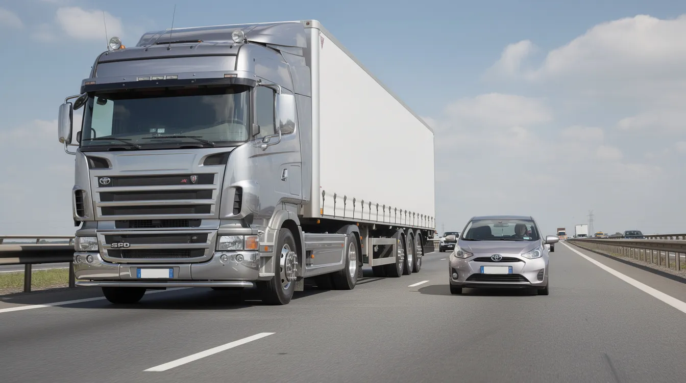 Trucking Accident Lawyer: How an Attorney Protects You After a Serious Truck Crash 1 The image shows a large semi truck driving alongside a small passenger car on a highway, highlighting the significant size difference between the two vehicles. This visual representation emphasizes the potential dangers of truck accidents, where injuries sustained can be severe, and the importance of seeking a truck accident attorney for legal support.