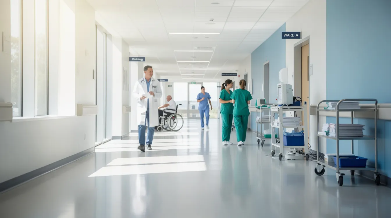 Best Personal Injury Lawyer: How to Choose the Right Attorney for Your Case 3 The image depicts a bright hospital corridor illuminated by natural light streaming through large windows, with various medical staff members walking in the background, symbolizing the environment where personal injury cases, such as those involving medical malpractice or spinal cord injuries, may be addressed by experienced personal injury lawyers.