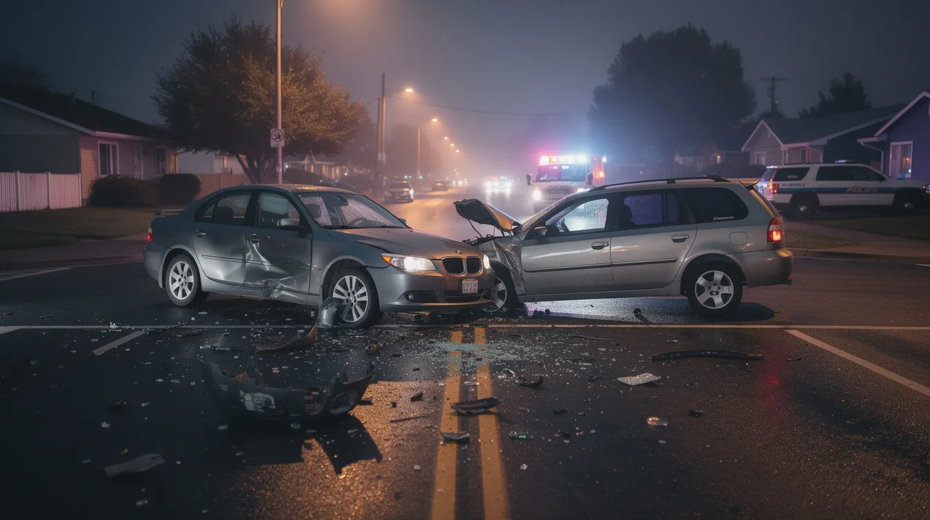 The image depicts a two-car collision at a suburban intersection, with emergency lights flashing in the background. The scene highlights the aftermath of a serious car accident, emphasizing the need for car accident lawyers to assist victims in navigating their insurance claims and recovering compensation for medical expenses and vehicle repairs.