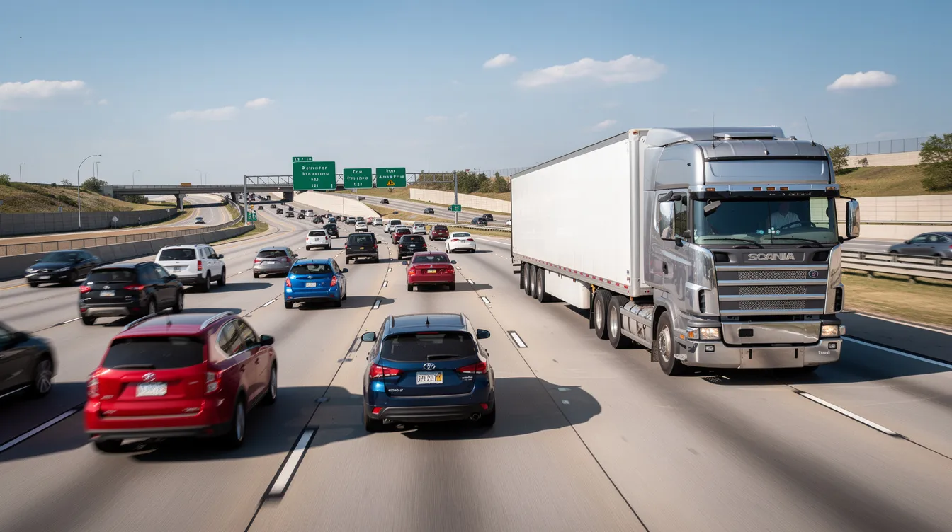 Trucking Accident Lawyers: How to Choose the Right Attorney After a Serious Truck Crash 1 A large semi-truck is driving alongside smaller cars on a multi-lane interstate highway, showcasing the typical scene of the trucking industry. This image highlights the presence of commercial vehicles, which can be involved in truck accidents, emphasizing the importance of experienced truck accident attorneys for those affected by such incidents.