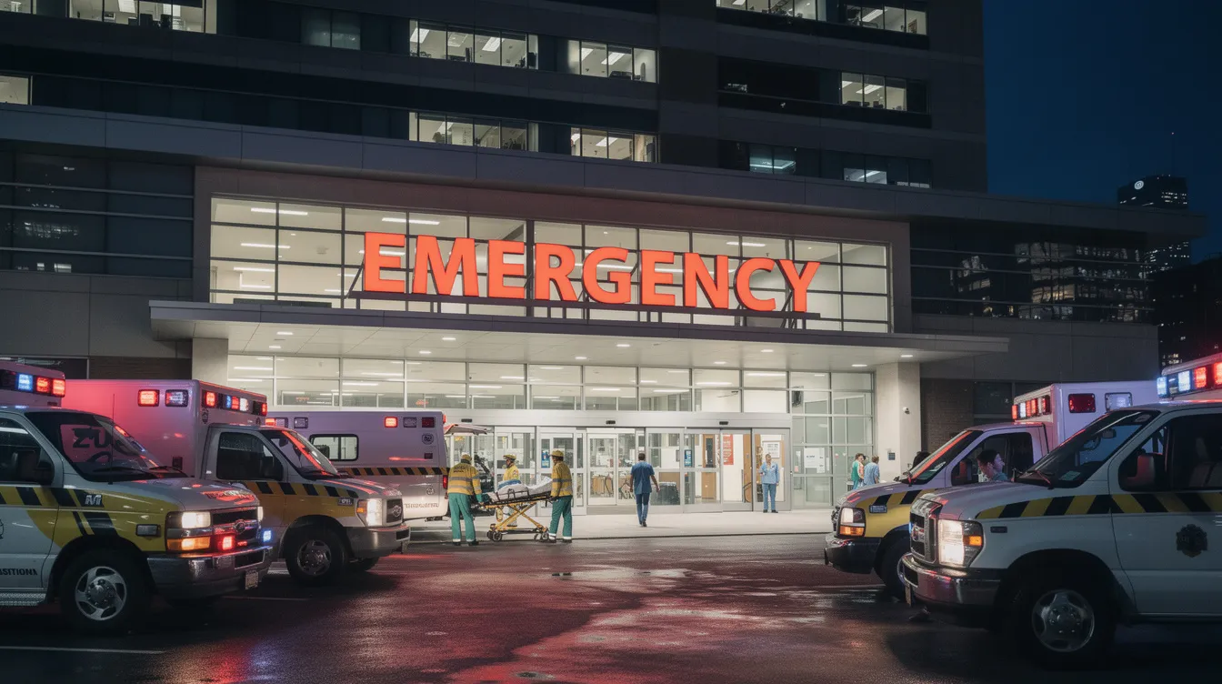 What to Do After a Car Accident in Houston: Step by Step Guide From Houston Personal Injury Lawyers 3 The image shows the entrance of a busy emergency room at a large hospital, with several ambulances parked outside, ready to assist injured individuals following a car accident in Houston. This scene emphasizes the importance of immediate medical attention and the role of emergency services in serious injury cases.