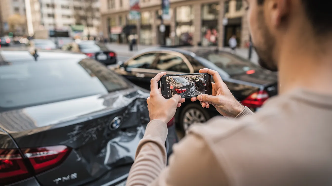 What to Do After a Car Accident in Houston: Step by Step Guide From Houston Personal Injury Lawyers 2 A person is capturing images of vehicle damage on a city street with a smartphone, likely documenting the scene following a car accident in Houston. This action is a critical step in the claims process, helping to provide evidence for insurance companies and the police report.
