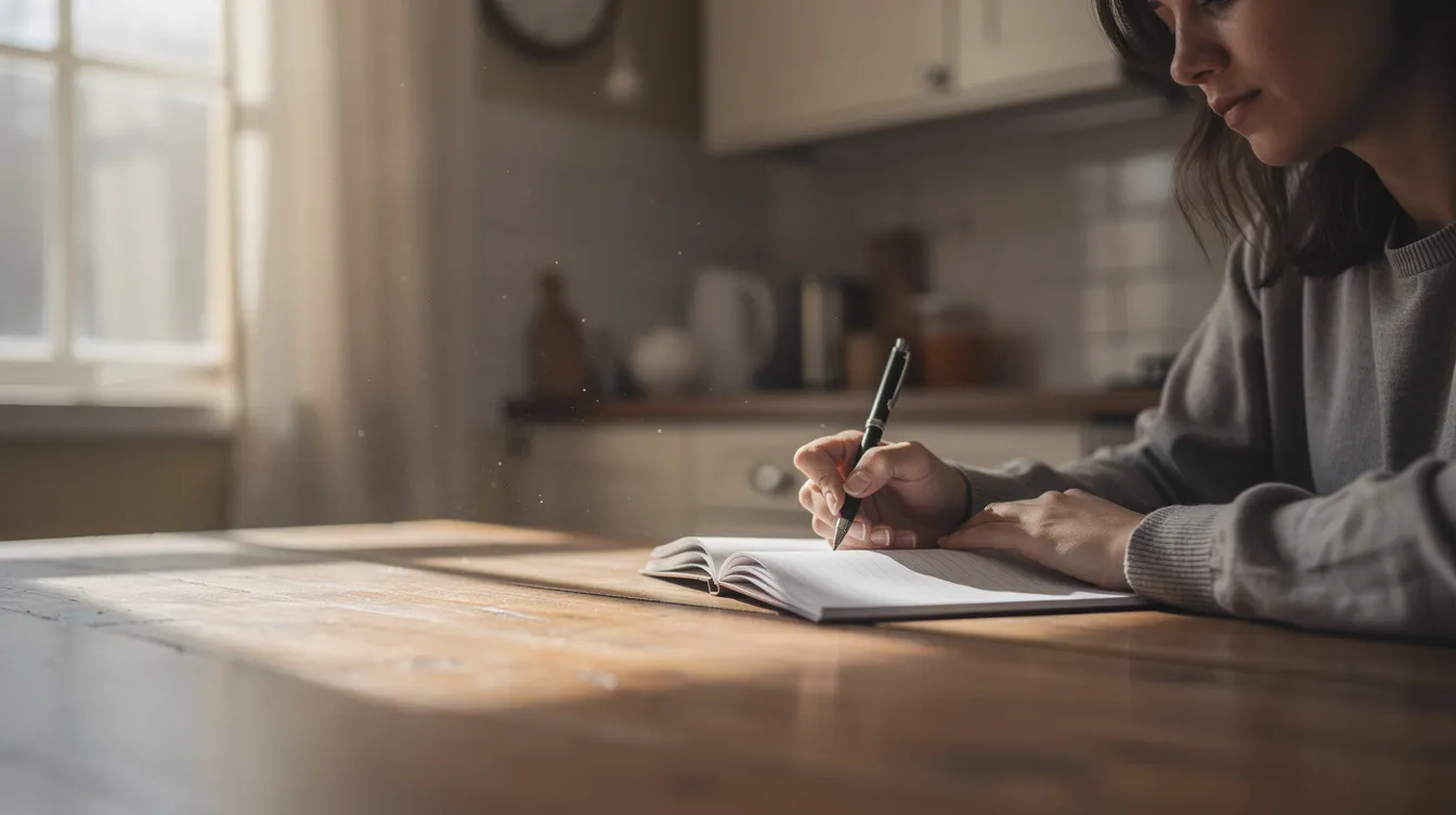 What to Do After a Car Accident in Houston: Step by Step Guide From Houston Personal Injury Lawyers 5 A person is sitting at a kitchen table, writing in a notebook with a pen, as natural light streams through a nearby window. This scene captures a moment of reflection, possibly related to important matters such as documenting details after a car accident in Houston or preparing for discussions with an insurance company.