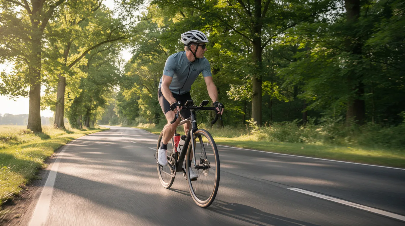 A person wearing a bicycle helmet rides along a tree-lined road, emphasizing the importance of protective gear to prevent traumatic brain injury in case of accidents. The serene environment highlights the contrast between the joy of cycling and the potential risks associated with head injuries.