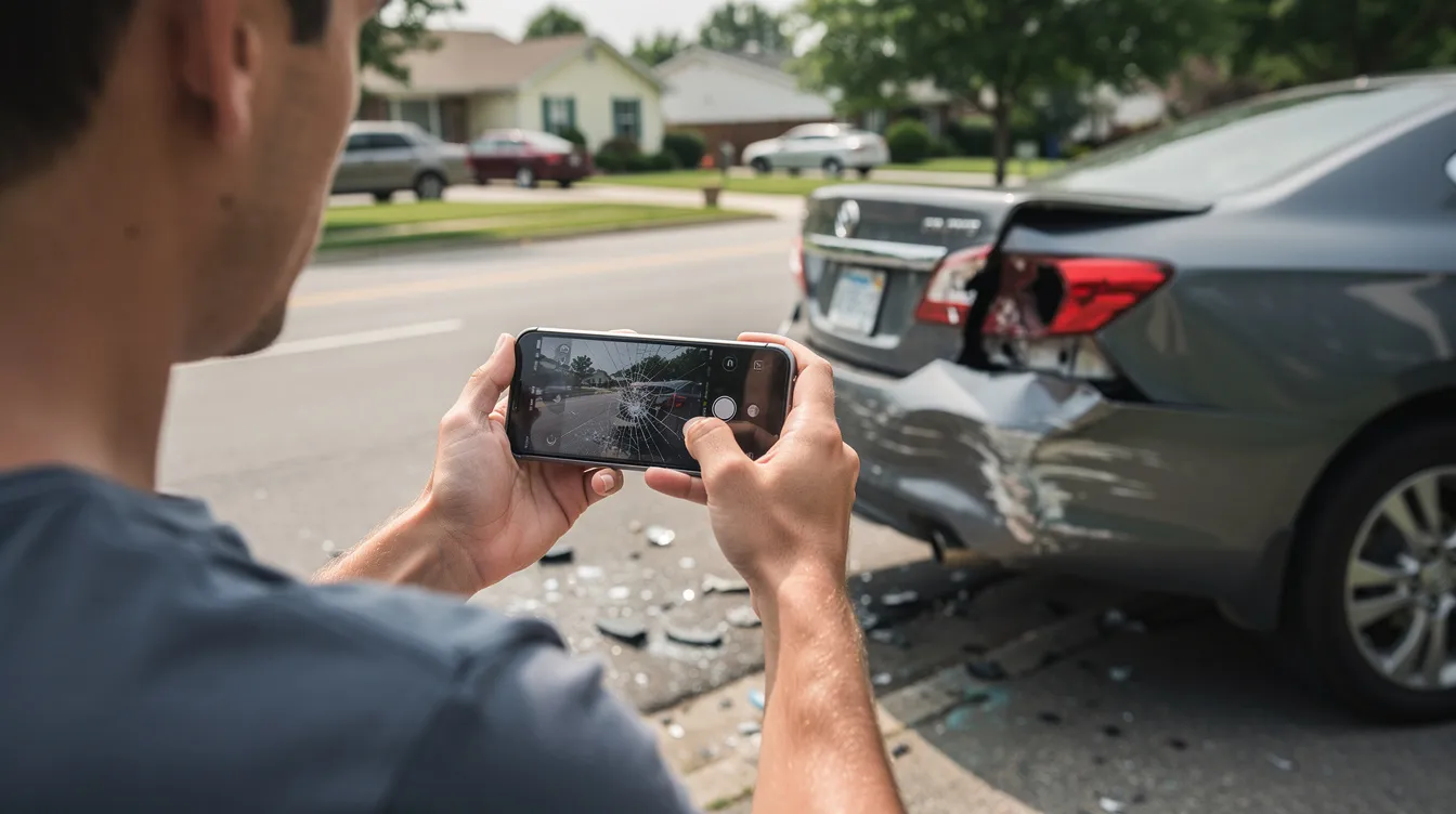 A person stands on a suburban road, using a smartphone to capture images of vehicle damage following a car accident. This scene highlights the importance of documenting evidence for personal injury claims, as experienced personal injury attorneys often advise clients to gather such information for their legal cases.