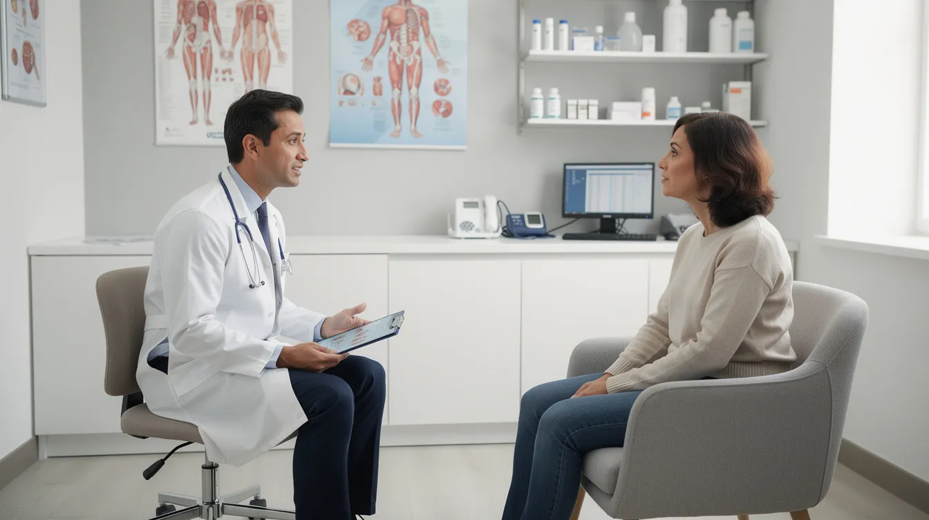 The image shows a patient sitting in a doctor's office engaged in a conversation with a physician, discussing the effects of brain injury, including potential cognitive impairments and treatment options for traumatic brain injury (TBI). The setting reflects a supportive environment where the patient may be addressing concerns related to memory problems and emotional issues following a head injury.