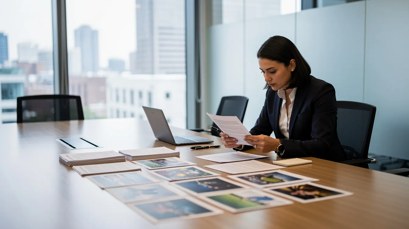 Personal Injury Attorneys & Lawyers: How They Help You Win Your Injury Claim 3 The image depicts a professional personal injury attorney meticulously reviewing various documents and photographs laid out on a conference table, likely related to personal injury claims and legal cases. This scene conveys the attorney's commitment to thorough legal representation for accident victims seeking compensation for their injuries.