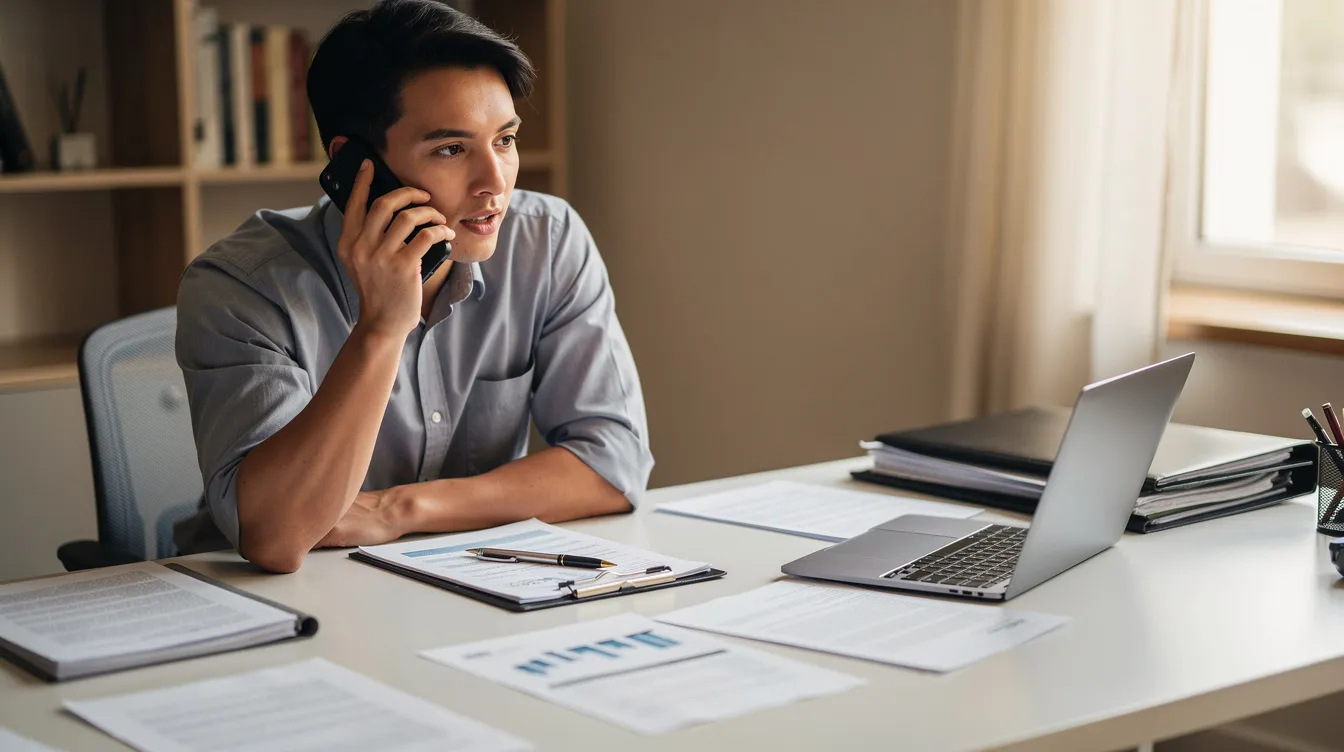 Injury Attorney Houston: How InjuredCase.com Helps You Connect With Top Houston Personal Injury Lawyers 3 A person is seated at a desk, making a phone call while surrounded by documents related to personal injury cases. This scene reflects the work of a personal injury attorney in Houston, focusing on assisting clients with their legal claims and navigating the complexities of the legal process.
